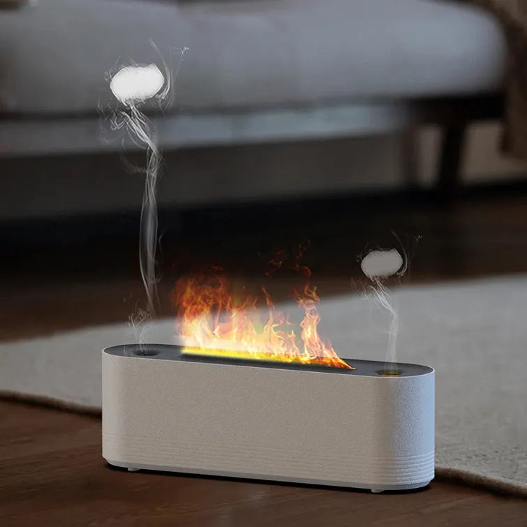 Black ultrasonic humidifier diffuser with colourful LED lights creating flame-like mist effect