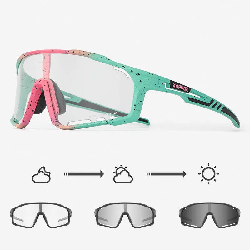 Photochromic cycling sunglasses with a semi-rimless TR90 frame on a solid colour background.