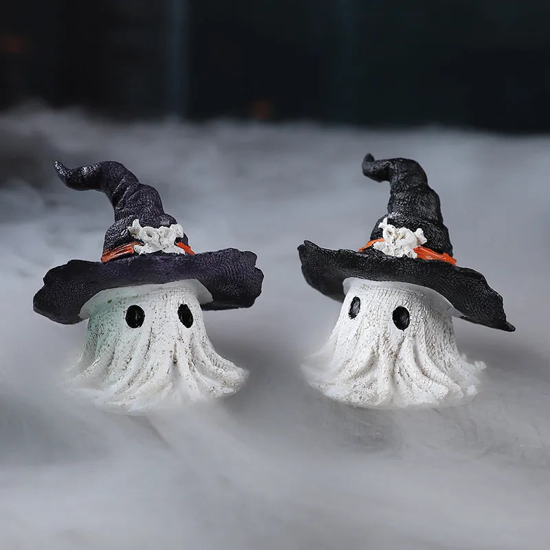 Resin wizard hat ghost ornament in black or purple for holiday decoration.