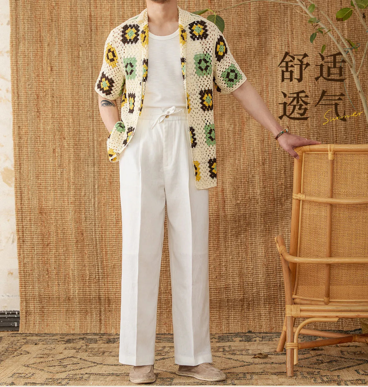 Women's linen high-waist trousers with elasticated waistband in navy blue, white, and greige colours