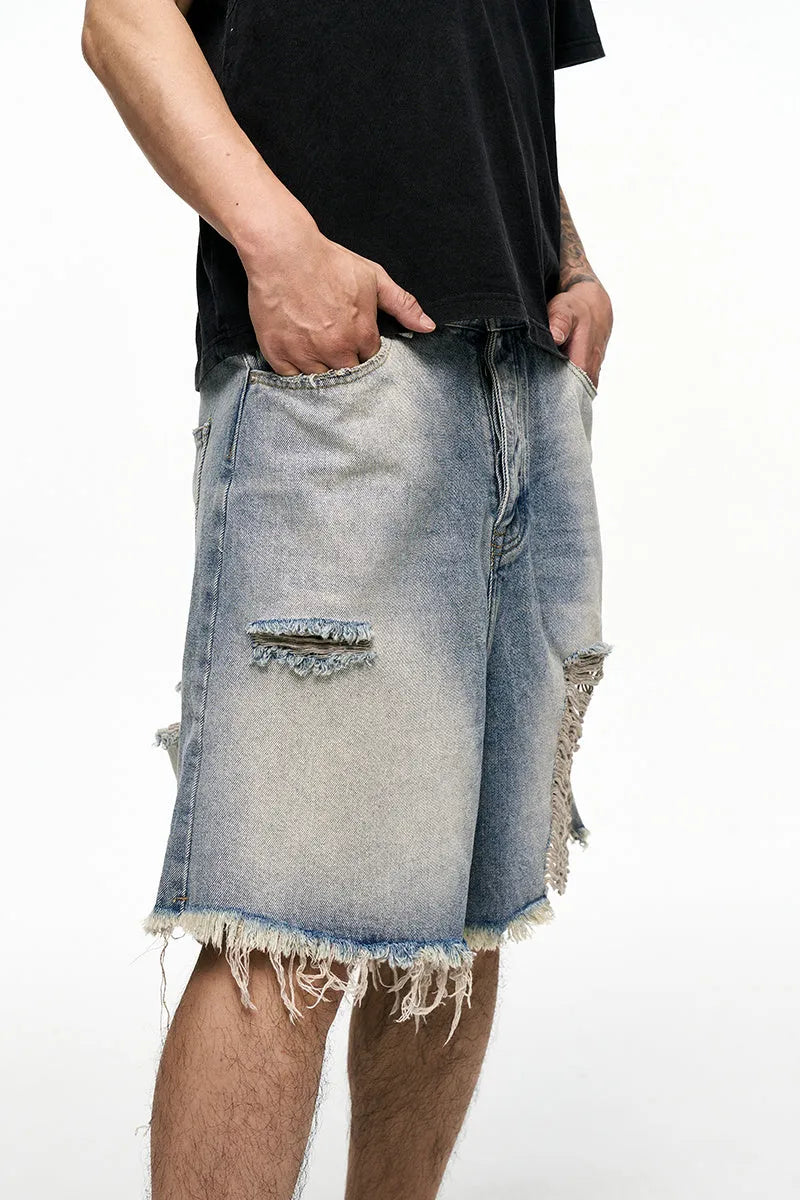 Men's light blue washed denim shorts with a baggy wide-leg fit and mid waist.