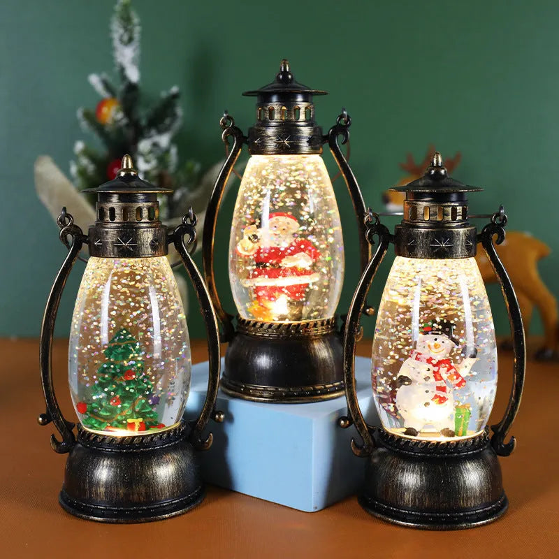 Crystal ball LED Christmas ornament showing snowman and elderly oil lamp design variations