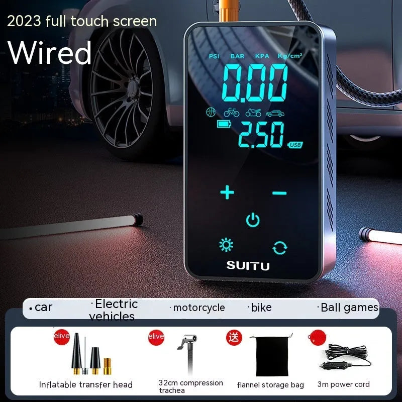 Compact black wireless car tyre inflator with LCD screen, air hose, and set of nozzles on a cloth bag.