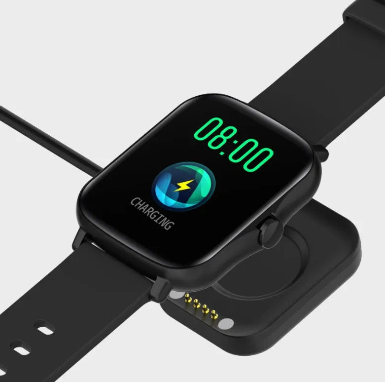 Smart watch with blue strap and 1.7-inch colour touch screen showing fitness stats