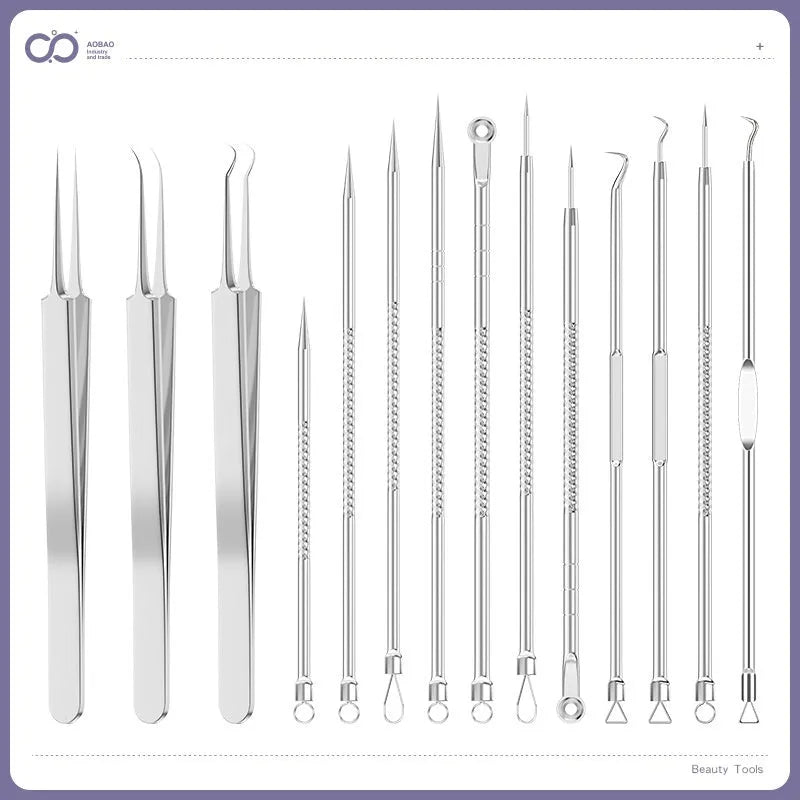 Four-piece metal acne needle set with ultra-fine pointed tips for blackhead removal