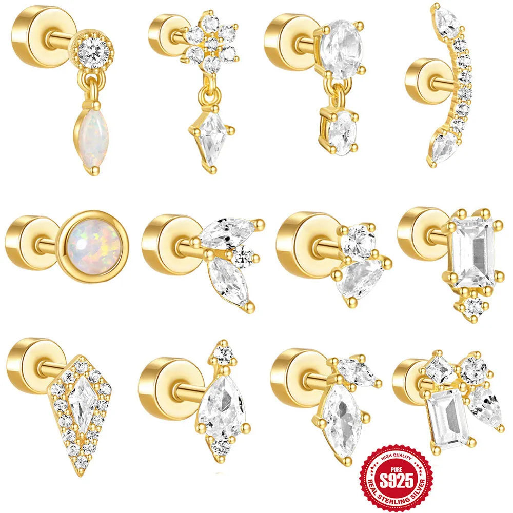 S925 sterling silver flat column geometric ear bone studs with thread detail in a gold colour finish