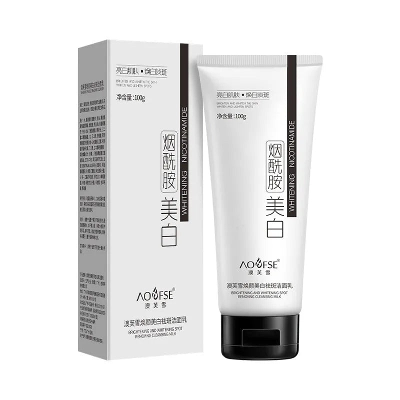 White facial cleanser bottle for whitening and freckle removal with pore cleansing benefits