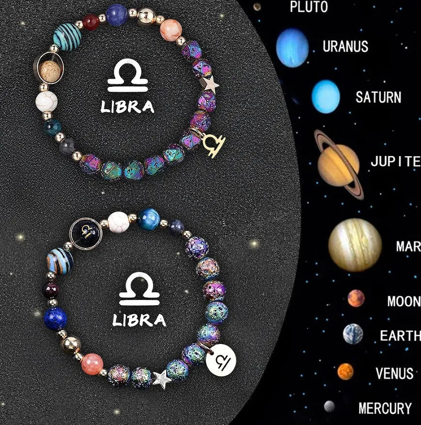 Two natural stone zodiac bracelets with adjustable cords showing astrological symbol beads