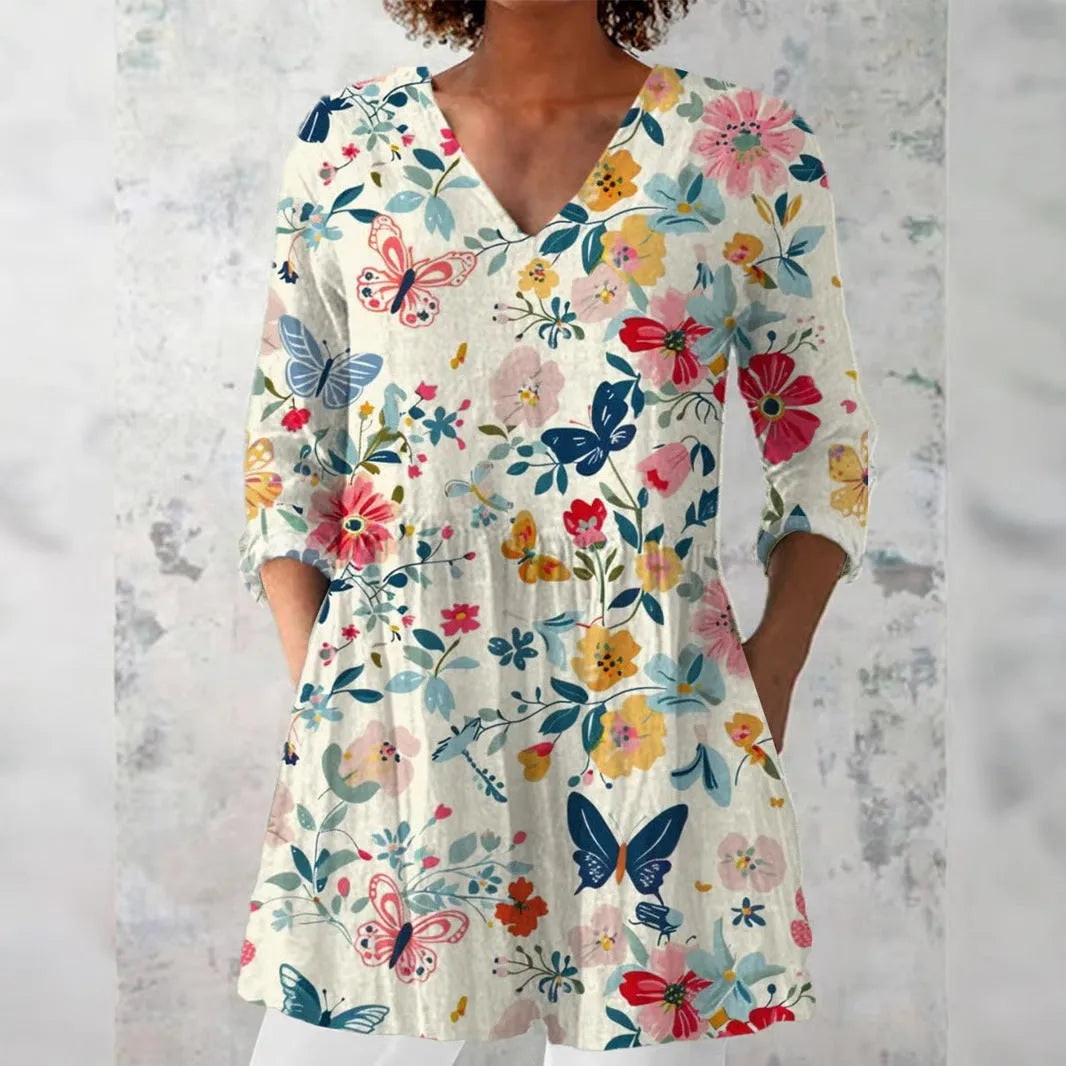 Women's retro slim-fit printed long-sleeved top in a digital print pattern, available in multiple colours.