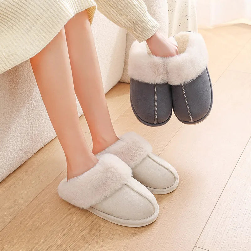 Brown women's plush indoor slippers with round toe, flat heel, and textured PVC anti-slip sole.