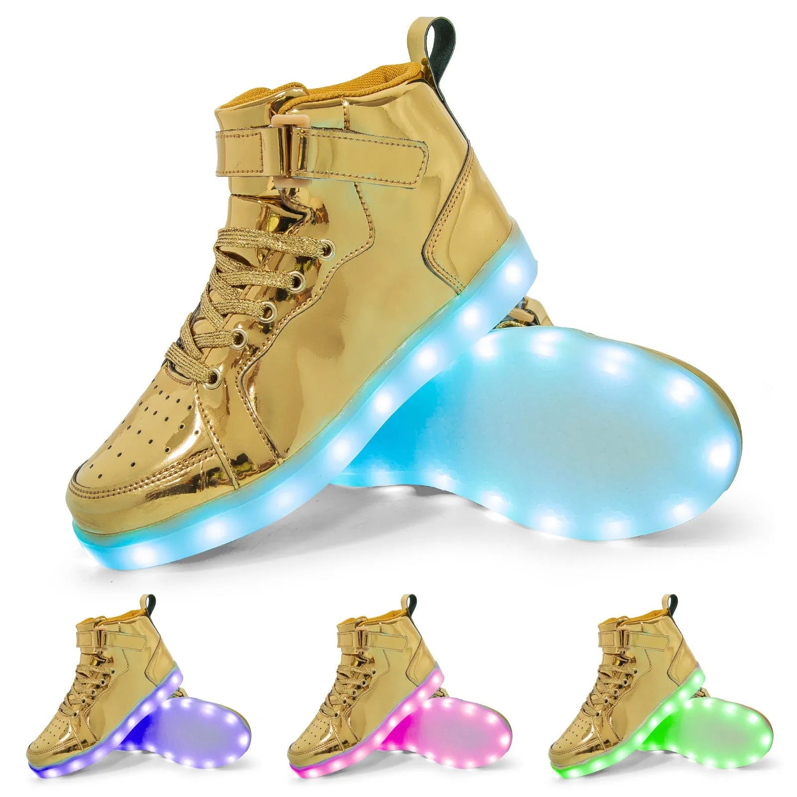Unisex black LED high-top trainers with Velcro strap and glowing lights on the sole.