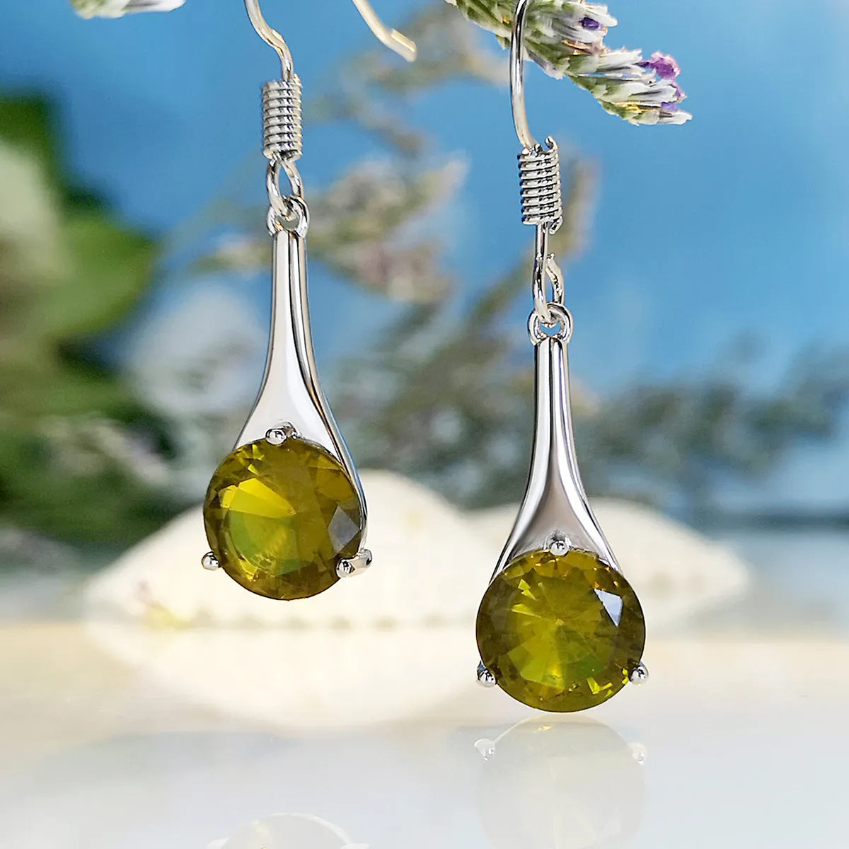 Olive green drop-shaped alloy earrings with minimalist design and electroplated finish
