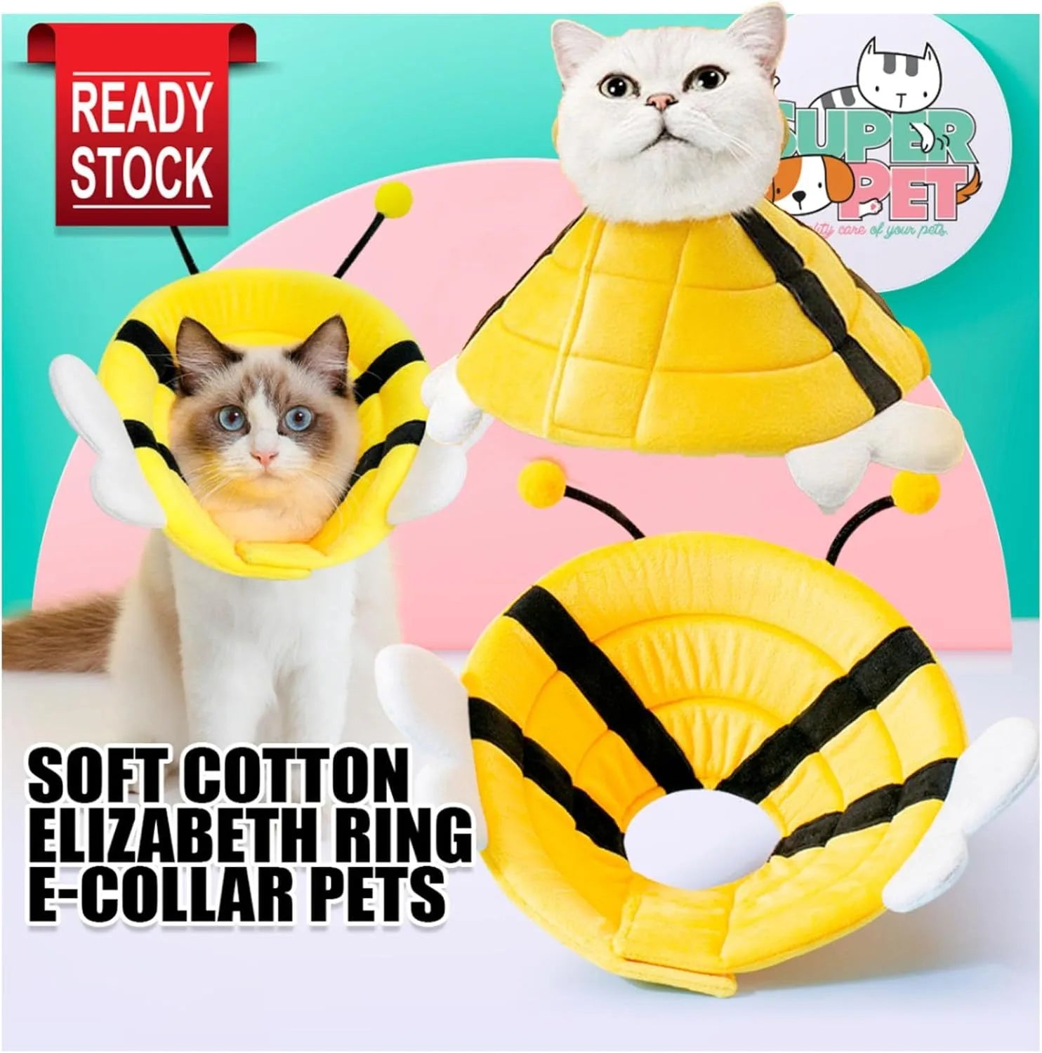 Soft cat cone collar with bee design showing adjustable velcro closure