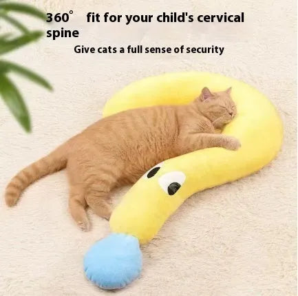Blue U-shaped cloth pet sleeping mat for cats with neck support pillow in a question mark design.