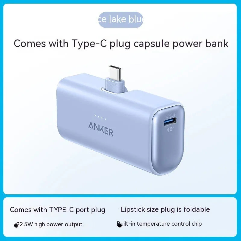 Small capsule-shaped power bank in multiple colours with a foldable USB-C cable.