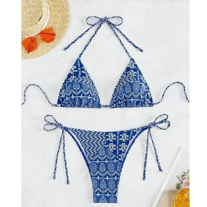 Women's split bikini swimsuit with bandage stitching in polyester fabric, available in multiple colours