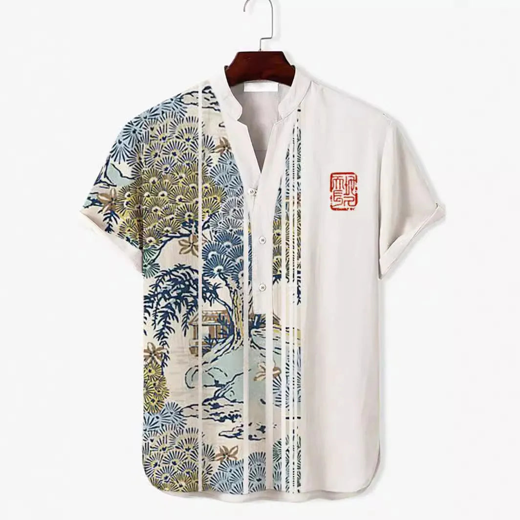 3D digital animal pattern short sleeve shirt on a hanger, showing the print detail.