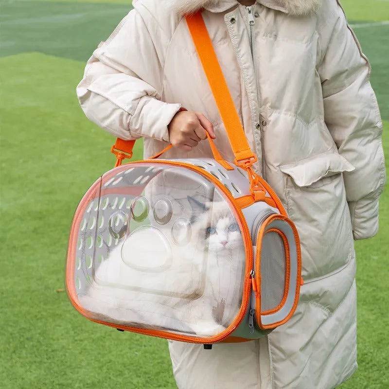 Transparent hard EVA space capsule backpack for cats, shown in green, with shoulder straps and large viewing window.