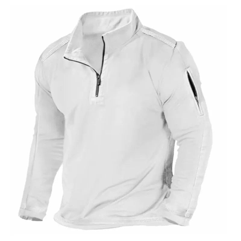 Men's grey zip-front stand collar long-sleeved polyester sweater laid flat.