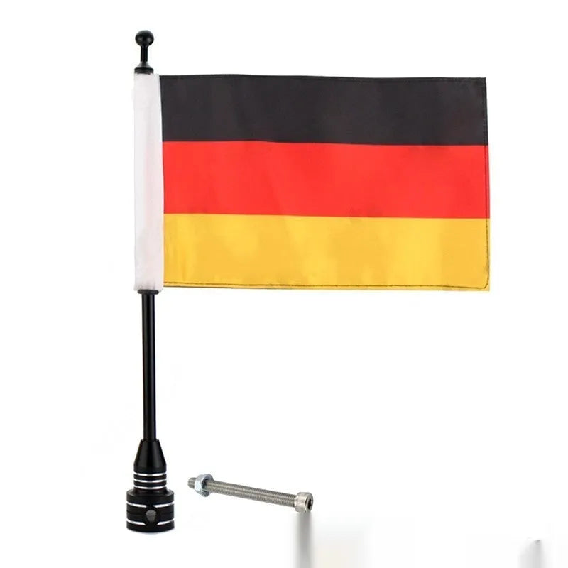 Metal motorcycle flagpole for mounting on luggage rack, shown in black and silver finish options.