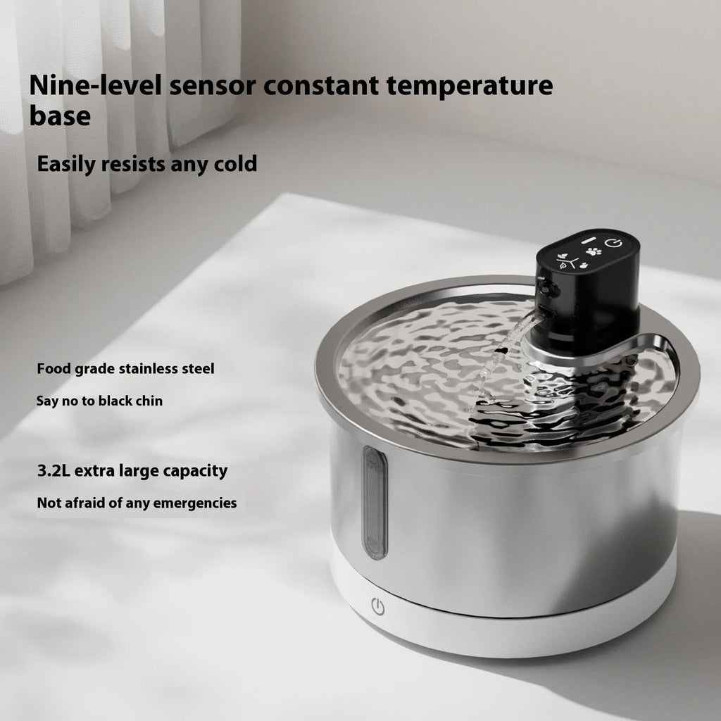 Stainless steel pet water fountain with heating base, in black or white.