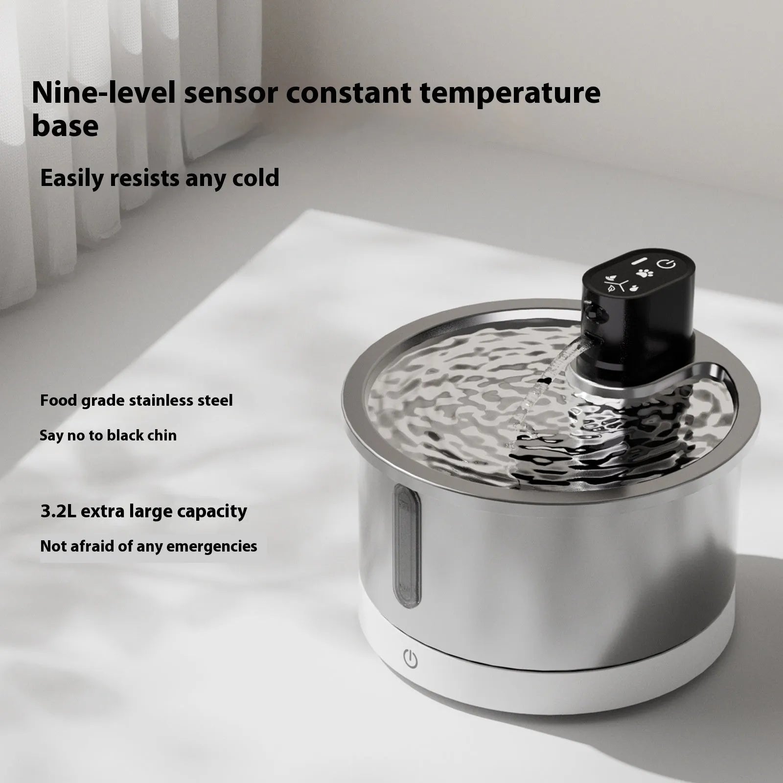 Stainless steel pet water fountain with heating base, in black or white.