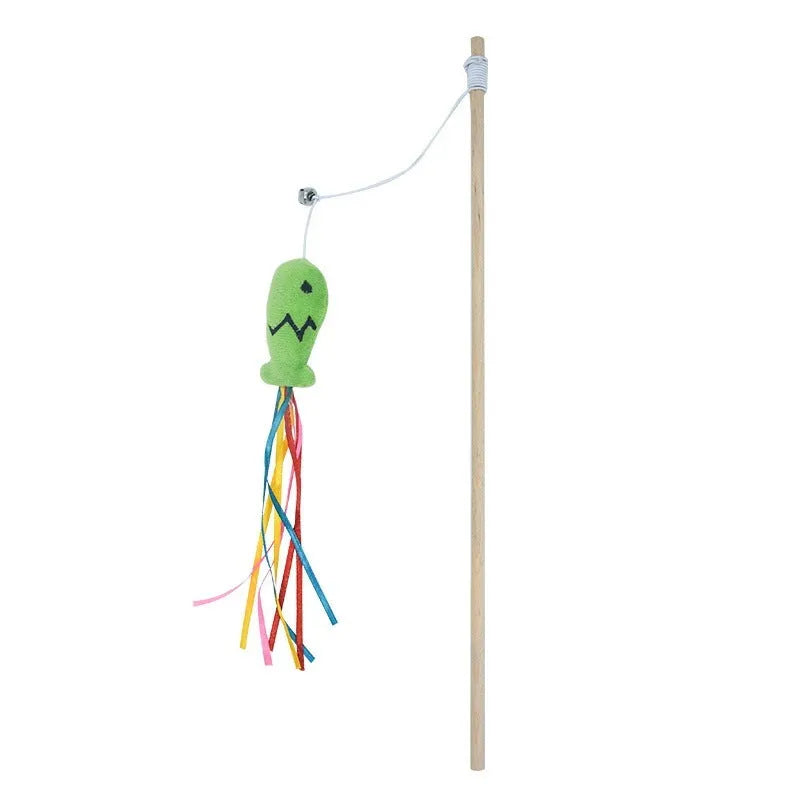 Cat wand toy with colourful ribbons, catnip fish, and bell on wooden handle
