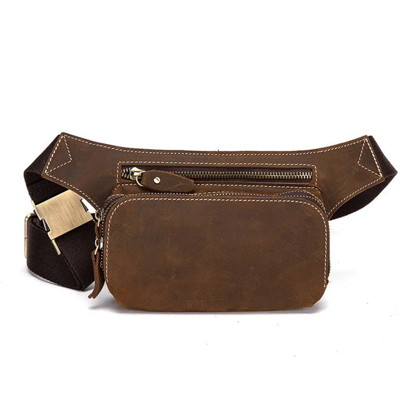 Brown top layer cowhide leather men's sports waist bag with pull-tab closure.
