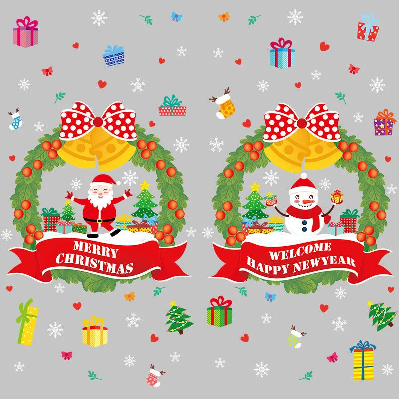 Two large colourful cartoon Christmas static cling stickers on a glass window.