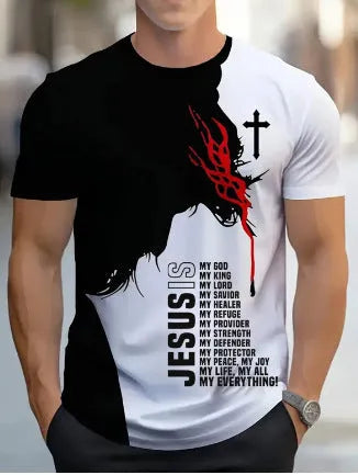 Men's short-sleeved striped t-shirt with digital 3D printing in loose business casual fit