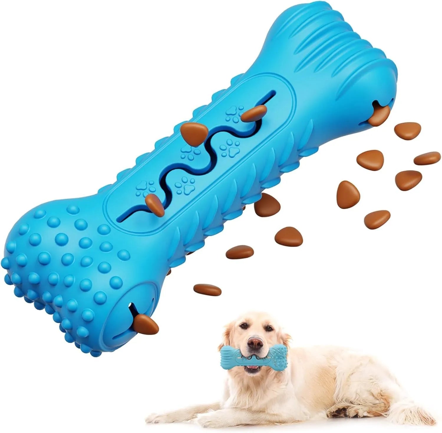 Blue bone-shaped natural rubber dog chew toy for aggressive chewers and teeth cleaning