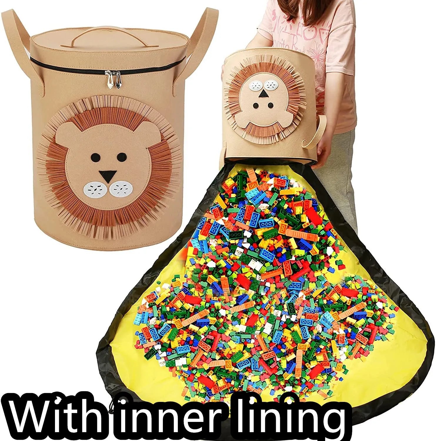 Green felt cube storage bag with pull rope serving as toy organiser and play mat