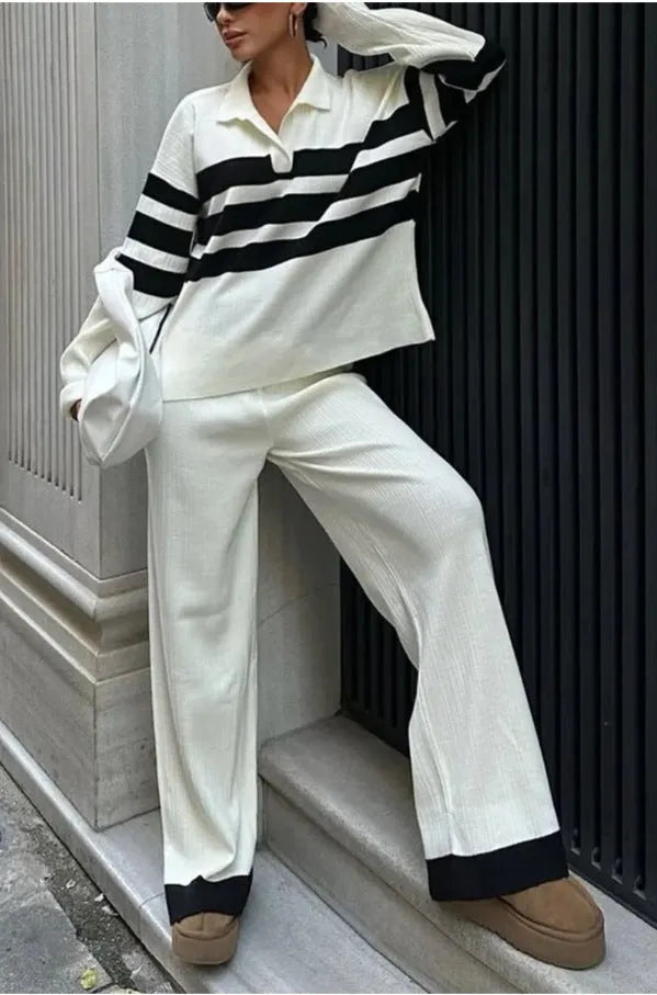 Women's black and white striped polo collar knitted top with matching trousers casual two-piece set