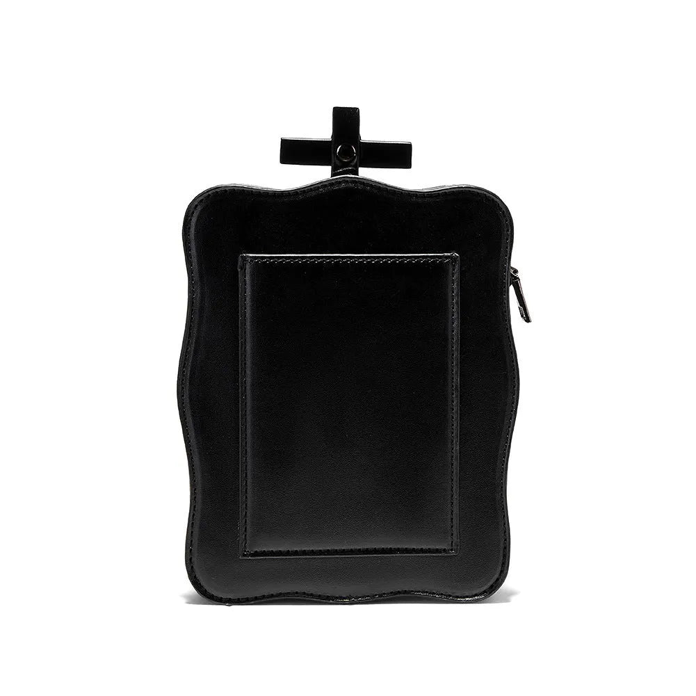 Black gothic skull mini crossbody bag with stitching and chain details