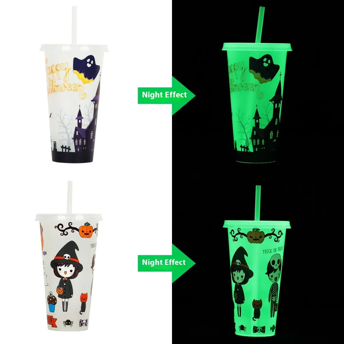 720ml Halloween-themed plastic sippy cup with luminous design and straw in cylindrical shape
