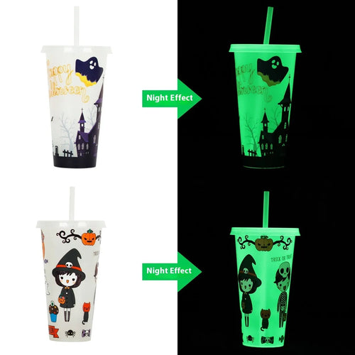 720ml Halloween-themed plastic sippy cup with luminous design and straw in cylindrical shape
