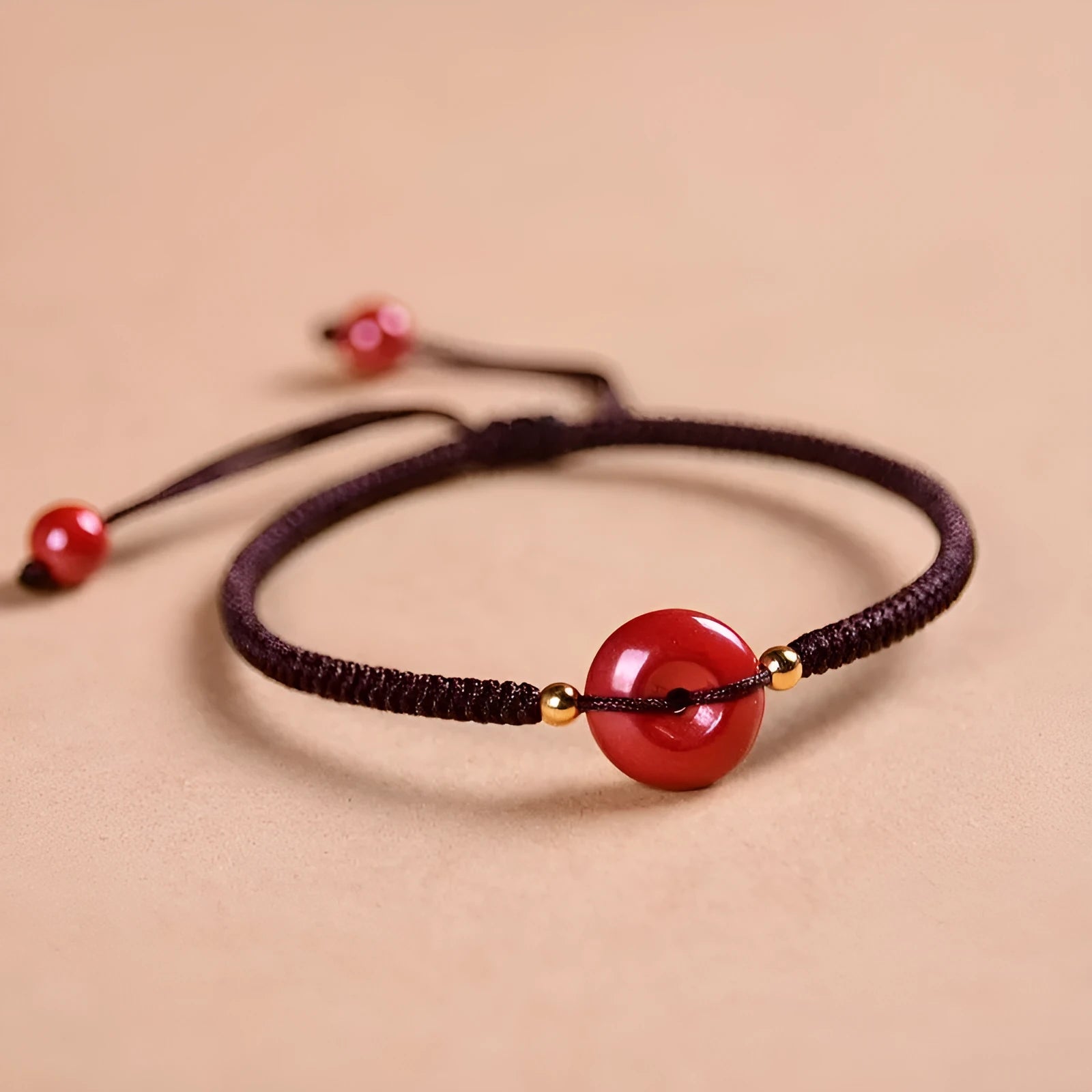 Cinnabar safety buckle bracelet with heart-shaped pendant on adjustable rope cord