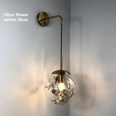Glass shade wall lamp in golden or silver finish with 15cm or 20cm diameter for bedroom lighting