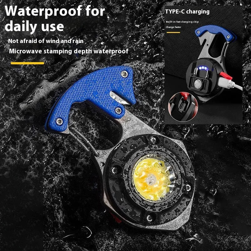 Portable multifunctional keychain rechargeable flashlight with window-breaking hammer and screwdriver tools.