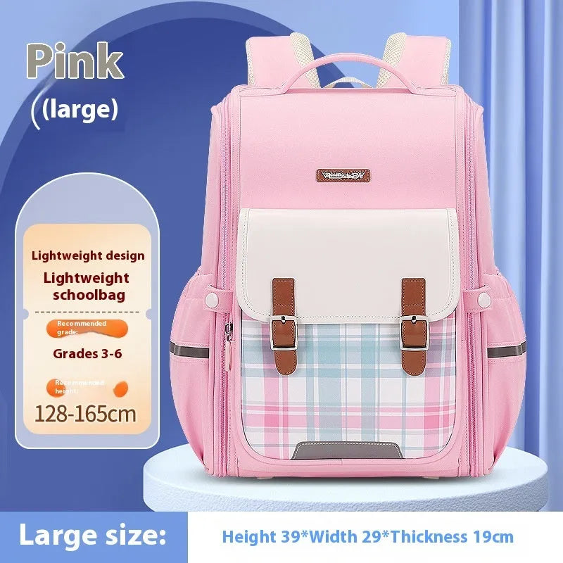 Lightweight Oxford cloth school backpack for students in navy blue, shown in a classroom setting.