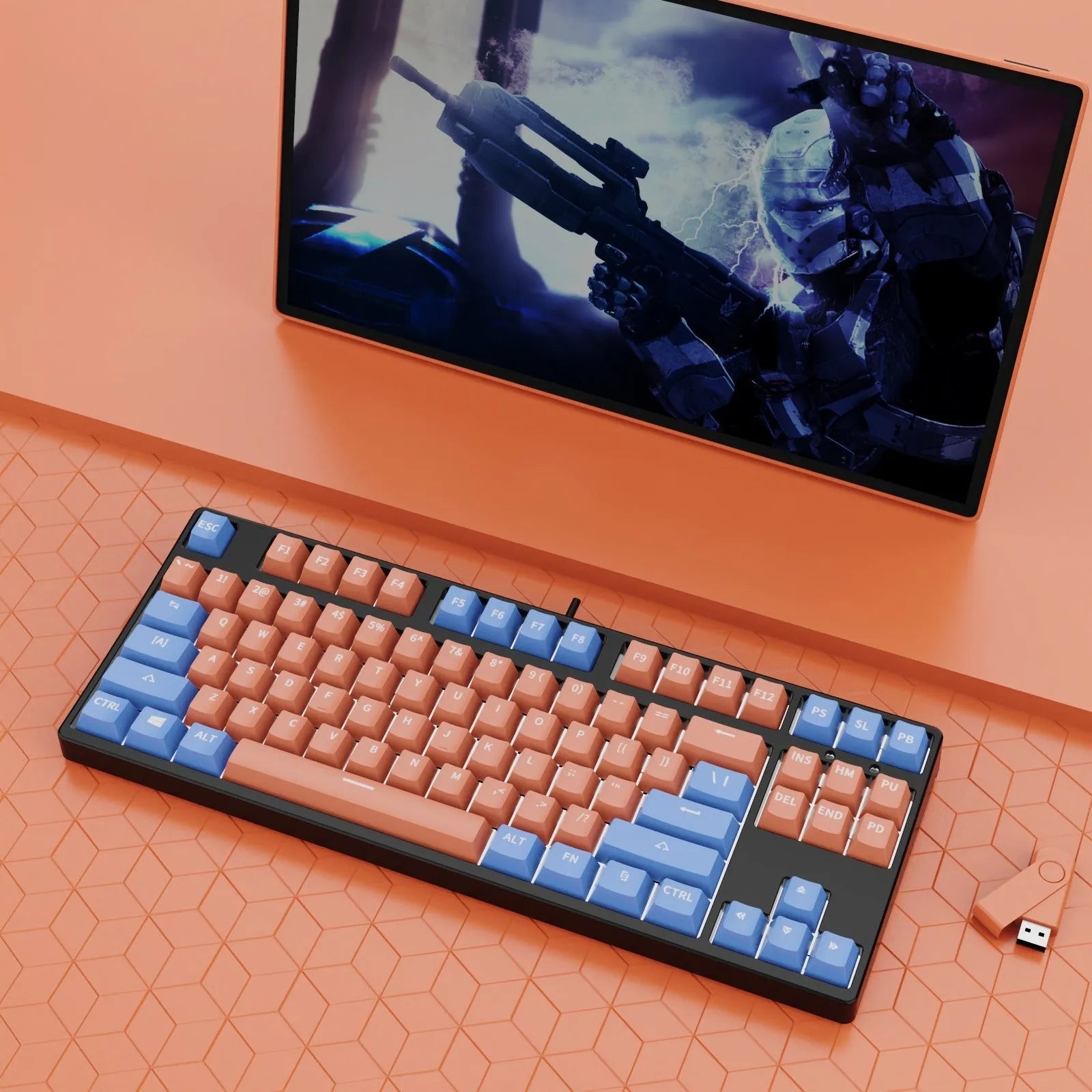 87-key wired mechanical keyboard with hot-swappable sockets showing colour options and included accessories