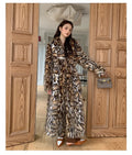 Women's artificial fox fur print coat with fur collar and side pockets in faux fabric