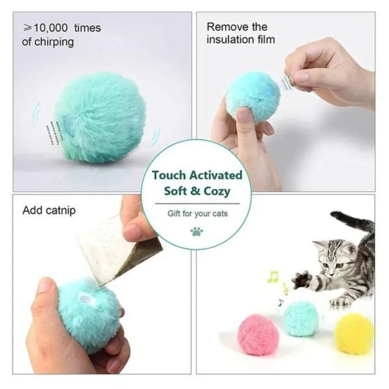 Interactive cat toy ball in blue, pink or yellow with sound activation and catnip compartment
