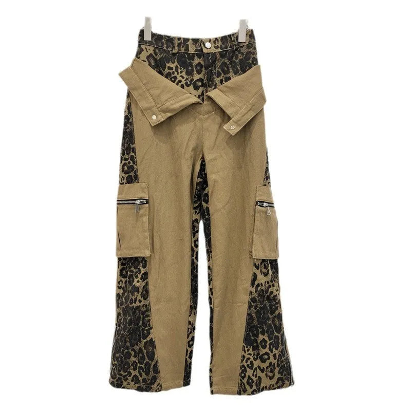 Dark khaki women's jeans with leopard print tooling style and straight leg high waist design