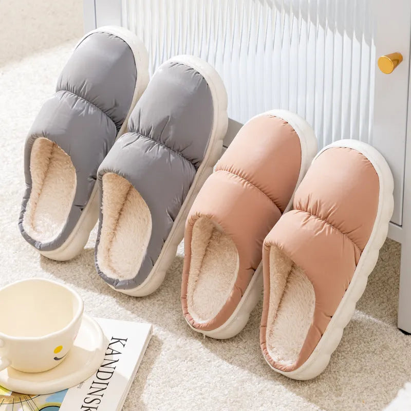 Down cotton indoor slippers with artificial leather upper and rubber sole in various colours