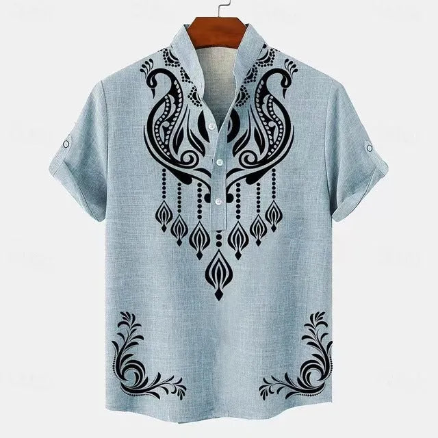 Men's striped casual linen-style shirt with personalised buttons on a hanger