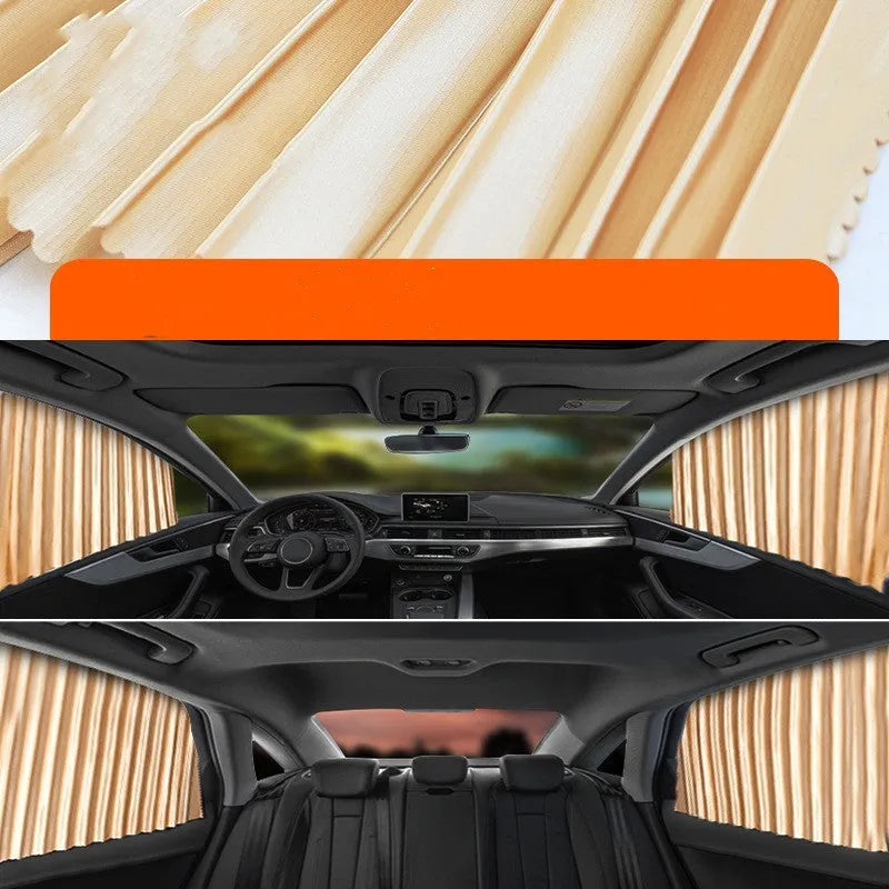 Auto retractable car sun curtain in black colour showing roller shutter mechanism