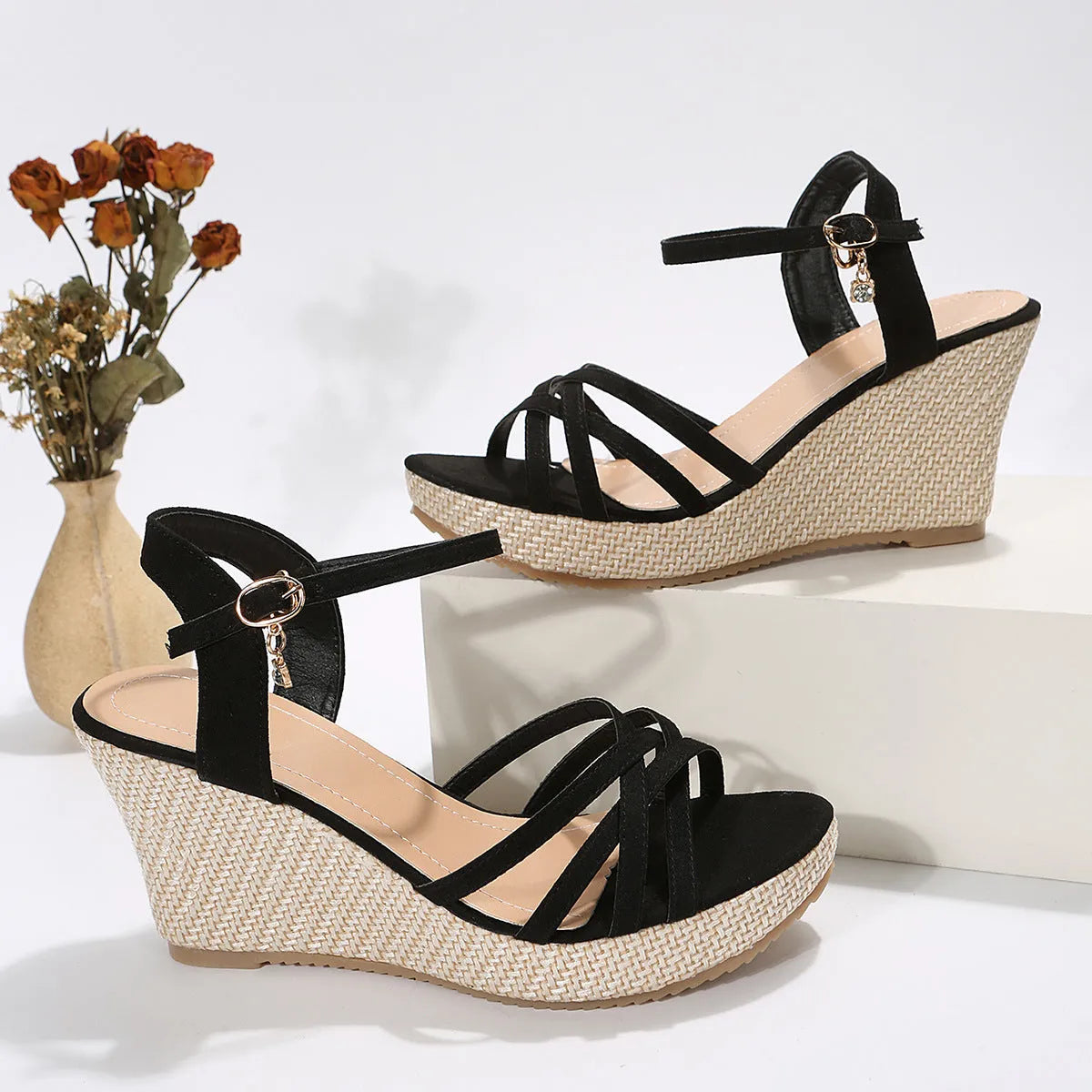 Women's wedge sandals with fish mouth open toe design in black and milky white colours