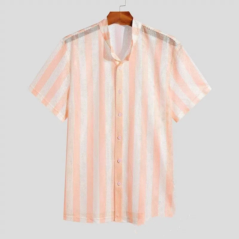 Pink men's loose-fit waffle knit short sleeve cardigan shirt on a hanger