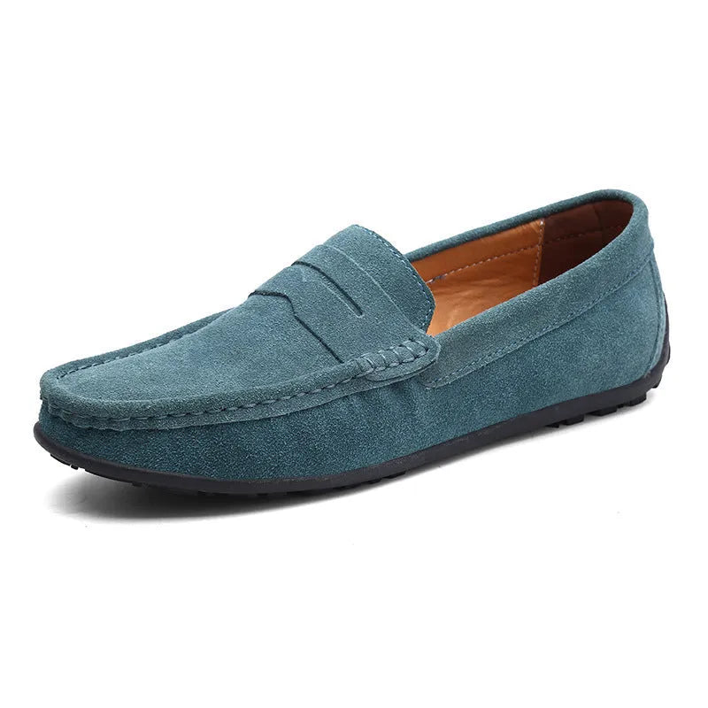 Men's suede leather Gommino casual shoes with flat rubber sole in black colour.
